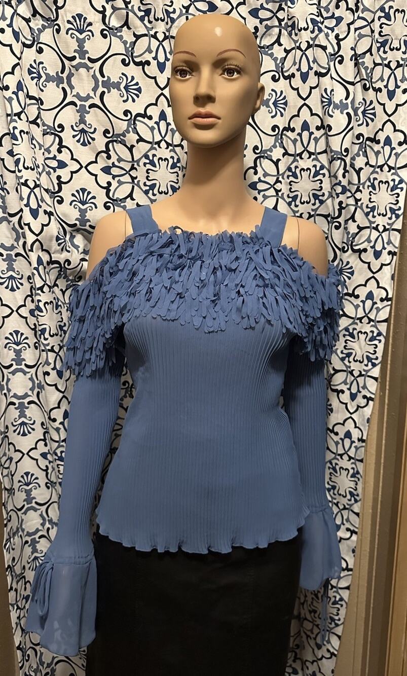 Kaelyn Max Women Blue Top Pleated Shred Fringe Off Shoulder Bell Sleeve Sz Large